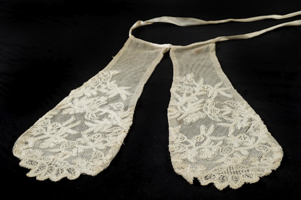 Close-up of a delicate Victorian lace collar laid on aged parchment.