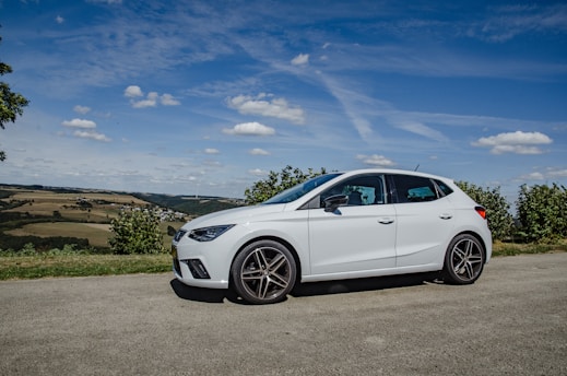 A modern car available for rental with a scenic background.