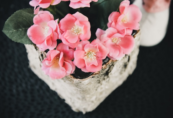 A collection of vibrant pink flowers, possibly artificial, arranged in a decorative pot with textured bark-like accents. The background is a textured dark surface, enhancing the contrast with the colorful floral arrangement. Green leaves accompany the flowers, providing a natural look.
