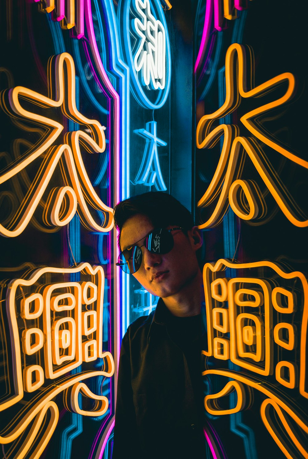 man in black jacket wearing black sunglasses