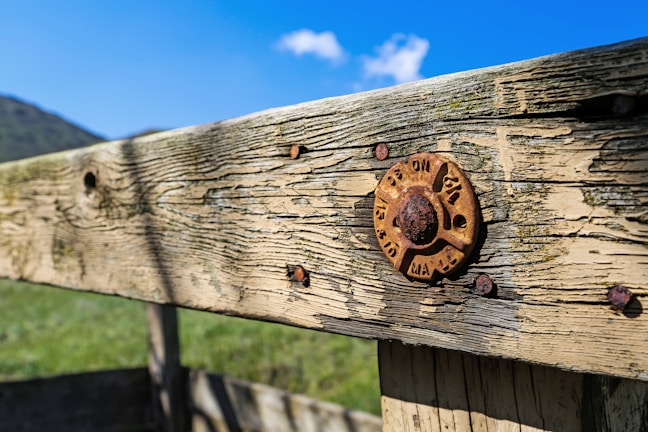 Close-up of a freshly repaired wooden fence with silver and blue tools resting nearby.