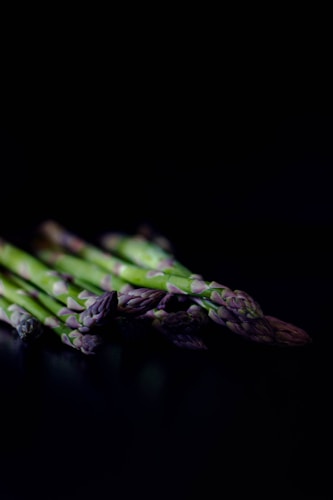 A bundle of fresh asparagus spears is centered against a dark, low-lit background, highlighting the vibrant green stalks and purple tips.