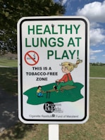 A sign displays the message 'HEALTHY LUNGS AT PLAY' in large green letters, with a no-smoking symbol and a smaller text indicating 'This is a tobacco-free zone.' It includes a cartoon illustration of children playing on a seesaw in a park setting.