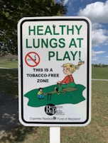 A sign displays the message 'HEALTHY LUNGS AT PLAY' in large green letters, with a no-smoking symbol and a smaller text indicating 'This is a tobacco-free zone.' It includes a cartoon illustration of children playing on a seesaw in a park setting.
