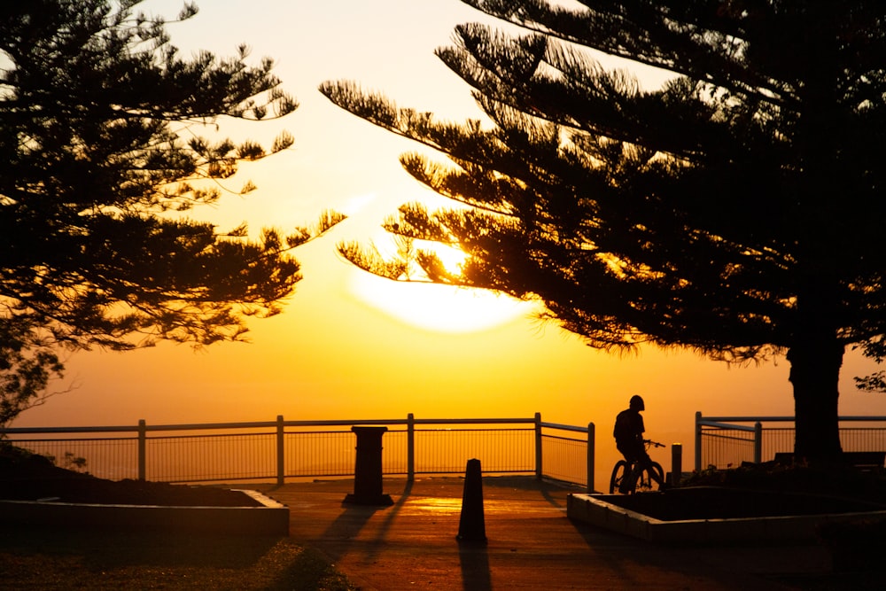 silhouette of man and woman sitting on bench near body of water during sunset