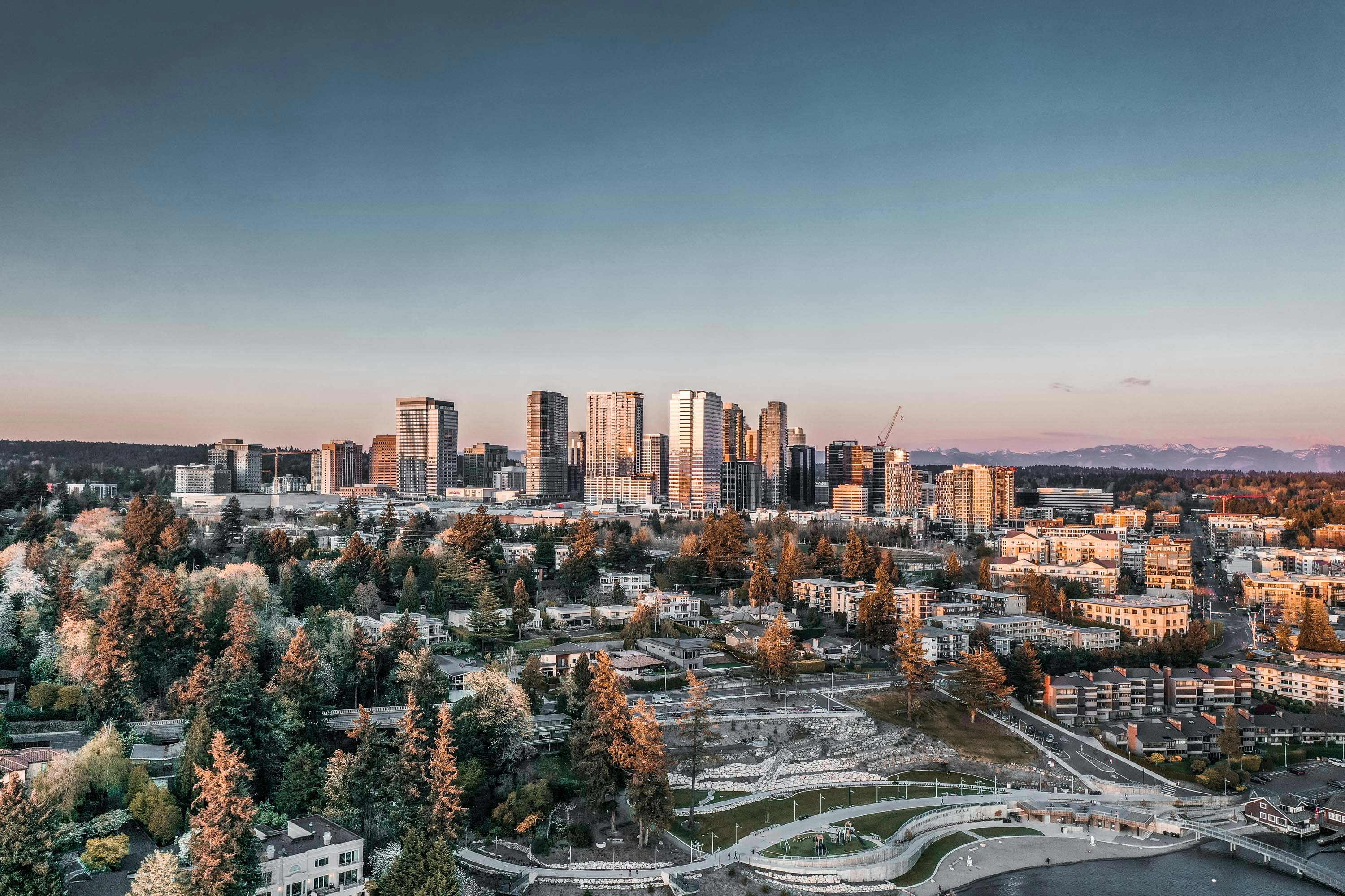 city buildings near body of water during night time