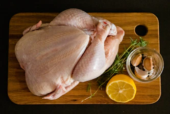 Close-up of fresh chicken and meat cuts on a wooden board
