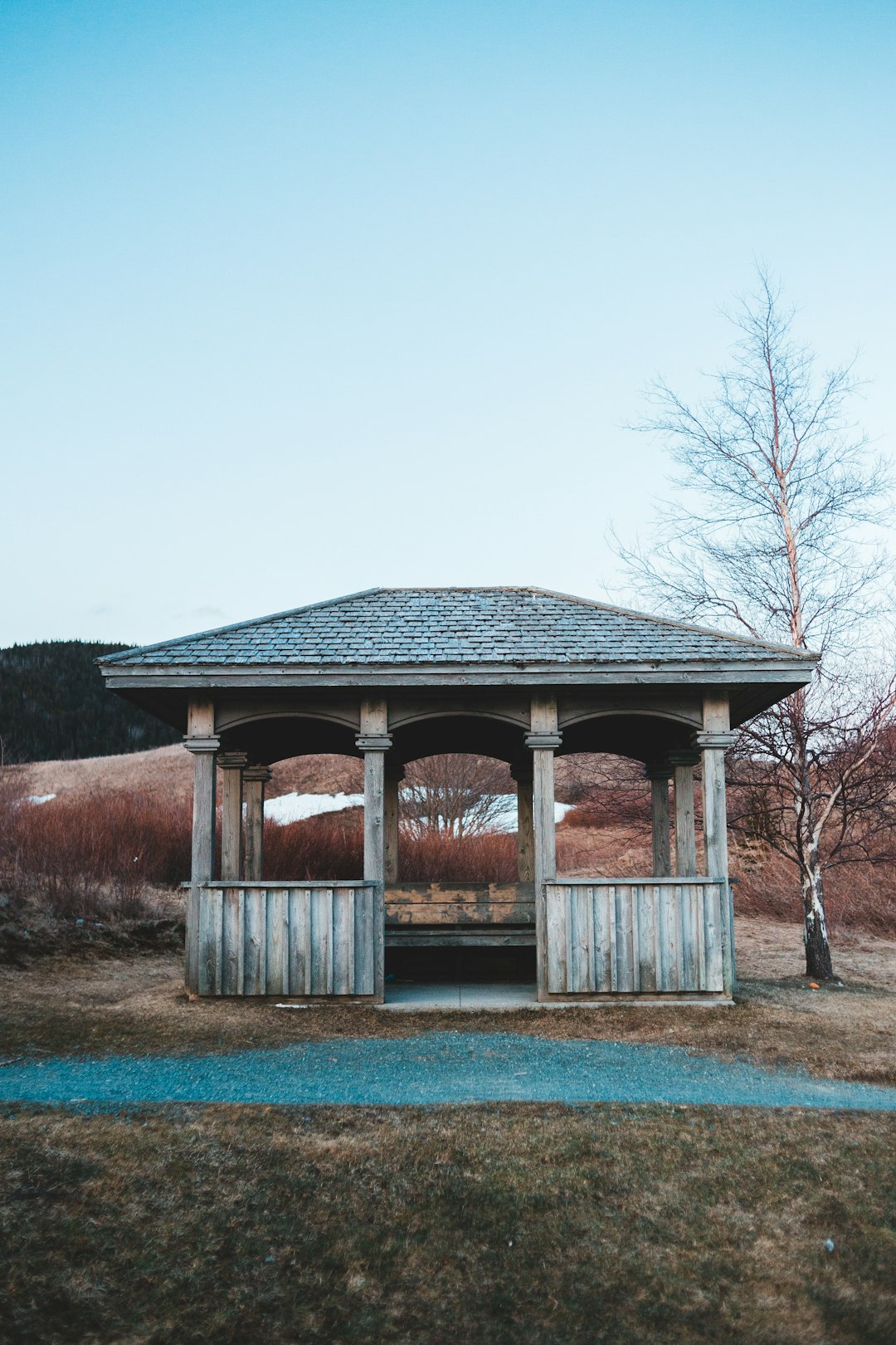 brown wooden gazebo near trees during daytime