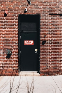 A black door with a red and white 'FACP' sign is set into a brick wall. The wall features a combination of brown and red bricks with contrasting white mortar. Above the door are two security cameras, and near the door handle, there is a small caution sign.