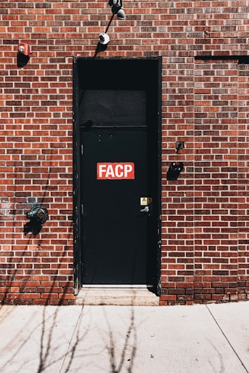 A black door with a red and white 'FACP' sign is set into a brick wall. The wall features a combination of brown and red bricks with contrasting white mortar. Above the door are two security cameras, and near the door handle, there is a small caution sign.