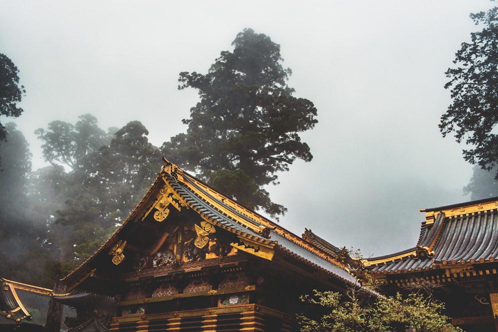 brown and black temple near green trees under white clouds during daytime