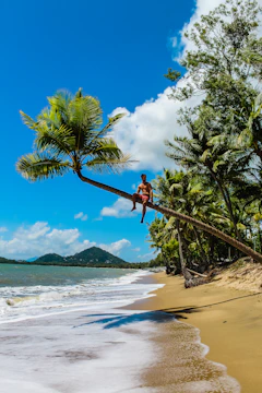 A man stretching beside a tropical beach with palm trees