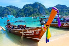 brown wooden boat on beach shore during daytime