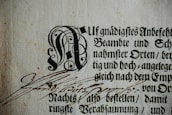 An aged document featuring calligraphic text in an ornate Gothic script and a bold, decorative initial. A handwritten signature in brown ink is prominently displayed towards the bottom, indicating its historical and official nature. The paper shows signs of aging with a textured surface and small spots of discoloration.