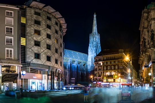 cars on road near building during night time in St. Stephen's Cathedral Austria