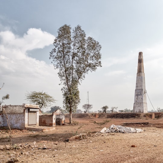 brown and white house near green trees under white clouds and blue sky during daytime in Rajasthan India