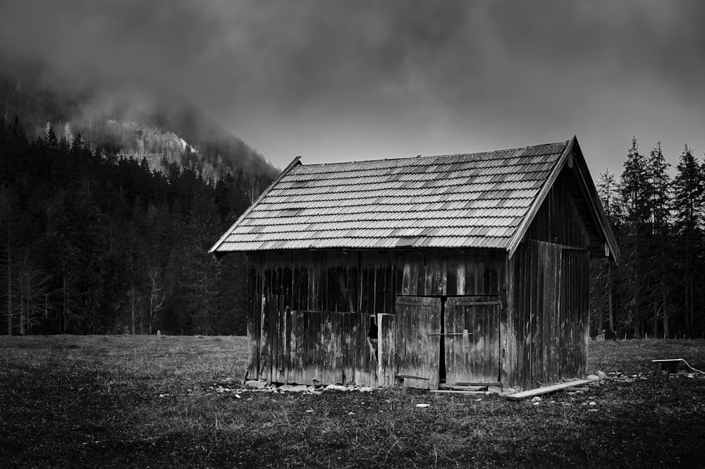 grayscale photo of wooden house near trees