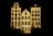 The image features three ceramic models of traditional, narrow, European-style buildings with decorative facades and multiple windows arranged in a row against a dark background. The buildings have a textured surface and are predominantly beige with black details.