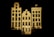 The image features three ceramic models of traditional, narrow, European-style buildings with decorative facades and multiple windows arranged in a row against a dark background. The buildings have a textured surface and are predominantly beige with black details.
