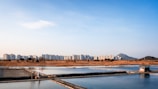 A scenic landscape featuring a series of rectangular water bodies, possibly salt pans, in the foreground. Beyond them, there's a flat expanse of dry grassland, and a skyline with modern high-rise buildings stretching across the horizon. A mountain is visible in the background under a clear blue sky, adding depth to the composition.