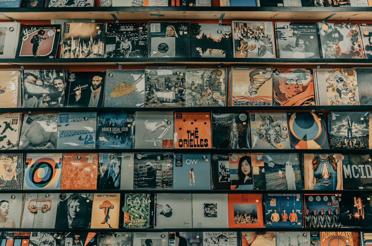 Browsing vinyl records in a record shop