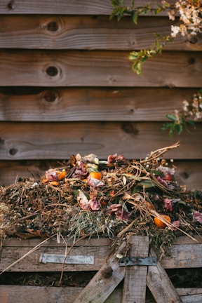 garden organic compost beside wooden fence