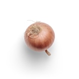 A single onion with a brown outer layer and dry roots is placed against a plain white background. The texture of the onion's skin is slightly papery, and it has a small stem at the bottom.