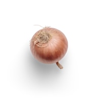 A single onion with a brown outer layer and dry roots is placed against a plain white background. The texture of the onion's skin is slightly papery, and it has a small stem at the bottom.