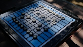 A Chinese chess board with black and white game pieces is set on an outdoor table. The board displays a grid pattern with Chinese characters on each square, and sunlight casts shadows across the surface.