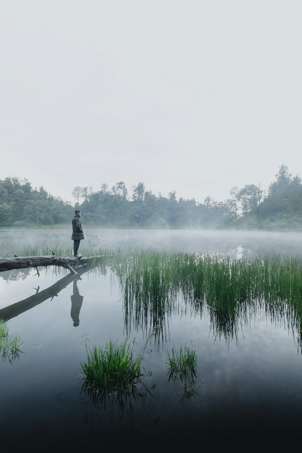 man in black jacket standing on brown wooden dock over body of water during foggy weather