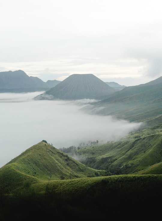 green mountain near body of water during daytime in Bromo Tengger Semeru National Park Indonesia