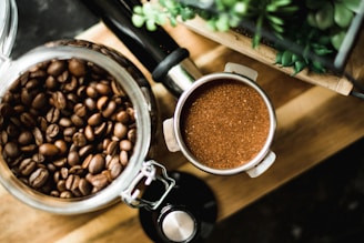 coffee beans in stainless steel cup