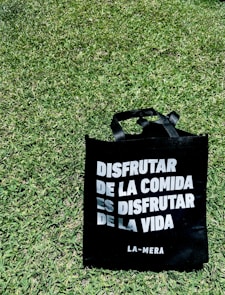 A black tote bag with white text in Spanish on one side is placed on a patch of vibrant green grass. The text reads 'DISFRUTAR DE LA COMIDA ES DISFRUTAR DE LA VIDA' with 'LA-MERA' written at the bottom.