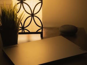 A cozy home office setup featuring a sleek laptop, smart speaker, and ambient lighting