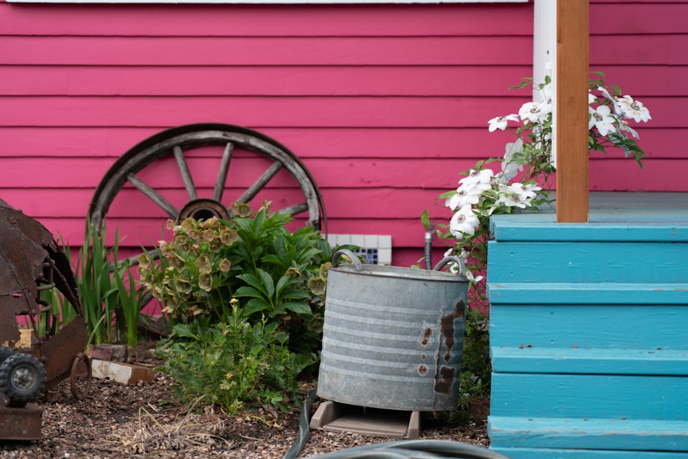 pink flowers on gray steel bucket