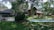 A serene setting with thatched-roof buildings surrounded by lush greenery and trees. A swimming pool is in the foreground, with lounge chairs neatly arranged beside it. The area is well-maintained, with vibrant plants and shaded spots, conveying a peaceful and inviting atmosphere.