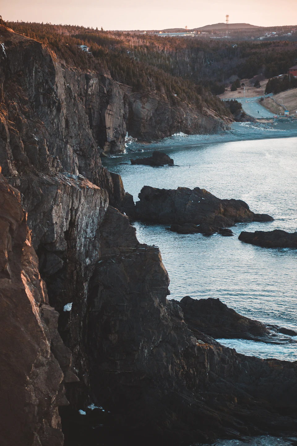 Lush green trees cover a rocky cliff overlooking a body of water with sandy beach