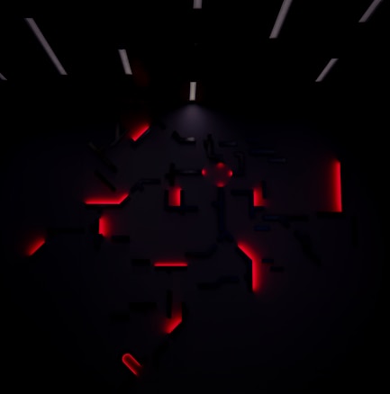 A dark room features a series of abstract, geometric shapes mounted on the wall, illuminated by a faint red glow. The lighting creates a mysterious and futuristic atmosphere, with several horizontal light strips visible on the ceiling.