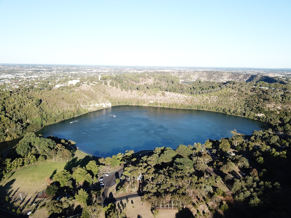 Vista aérea de árboles verdes y lago azul durante el día