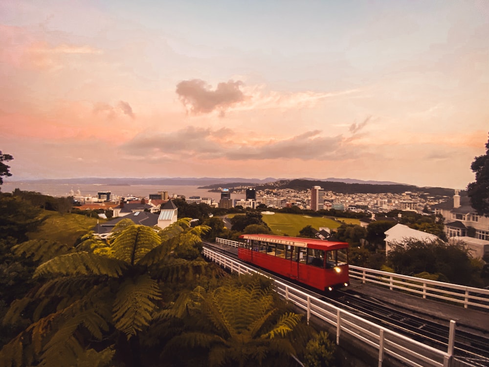 roter Zug auf der Schiene in der Nähe grüner Bäume tagsüber