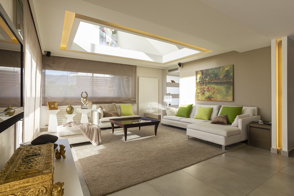 living room with white sofa and brown wooden coffee table