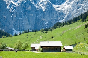 white and brown house on green grass field near mountain