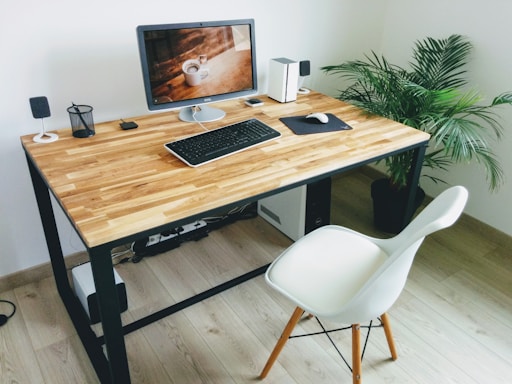 Modern office workspace with computer and plant on desk