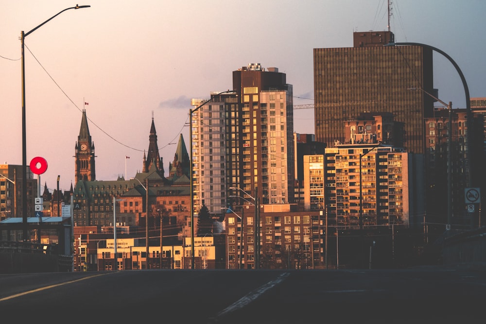 high rise buildings during sunset