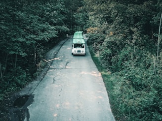 A white vehicle is driving along a narrow, winding road surrounded by dense green foliage. The vehicle has a green canoe strapped to its roof, indicating preparation for an outdoor adventure. The road is narrow and slightly cracked, flanked by lush trees that create a serene and secluded atmosphere.
