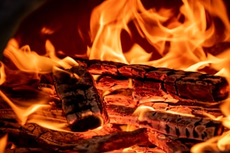 Burning logs with bright orange and yellow flames surrounding them. The wood appears charred and the flames are dynamic, with varying intensities and directions.