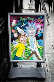 A colorful poster outside a building displays animated characters from a popular sci-fi animated series. The scene involves a scientist and a young boy in a comedic pose, surrounded by cosmic and surreal elements.