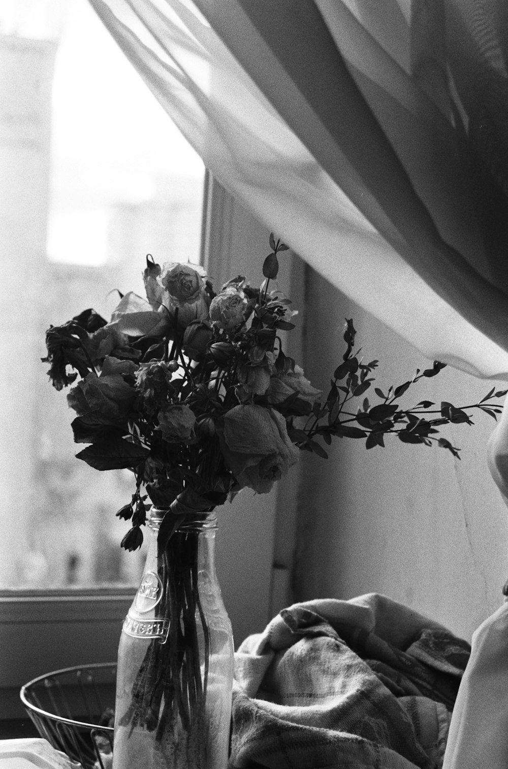 grayscale photo of flower bouquet