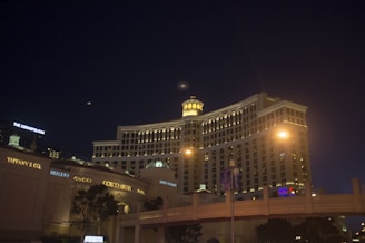 A night view of a large, well-lit hotel with distinctive architecture. Several luxury brand stores are visible on the left side. The sky is dark, with small lights from the surrounding cityscape. Streetlights and building lights illuminate the scene.