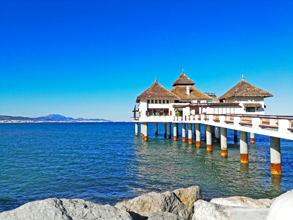 white and brown wooden house on sea during daytime